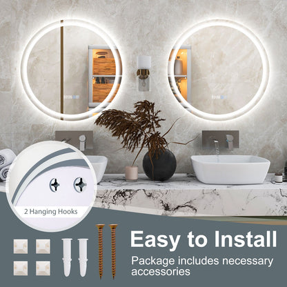 LED Bathroom Mirror with 3-Color Dimmable Lights, Time and Temp Display