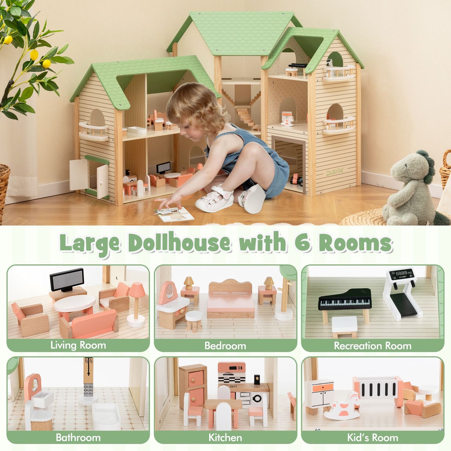 Wooden Dollhouse with 36 Pieces Accessories for Kids