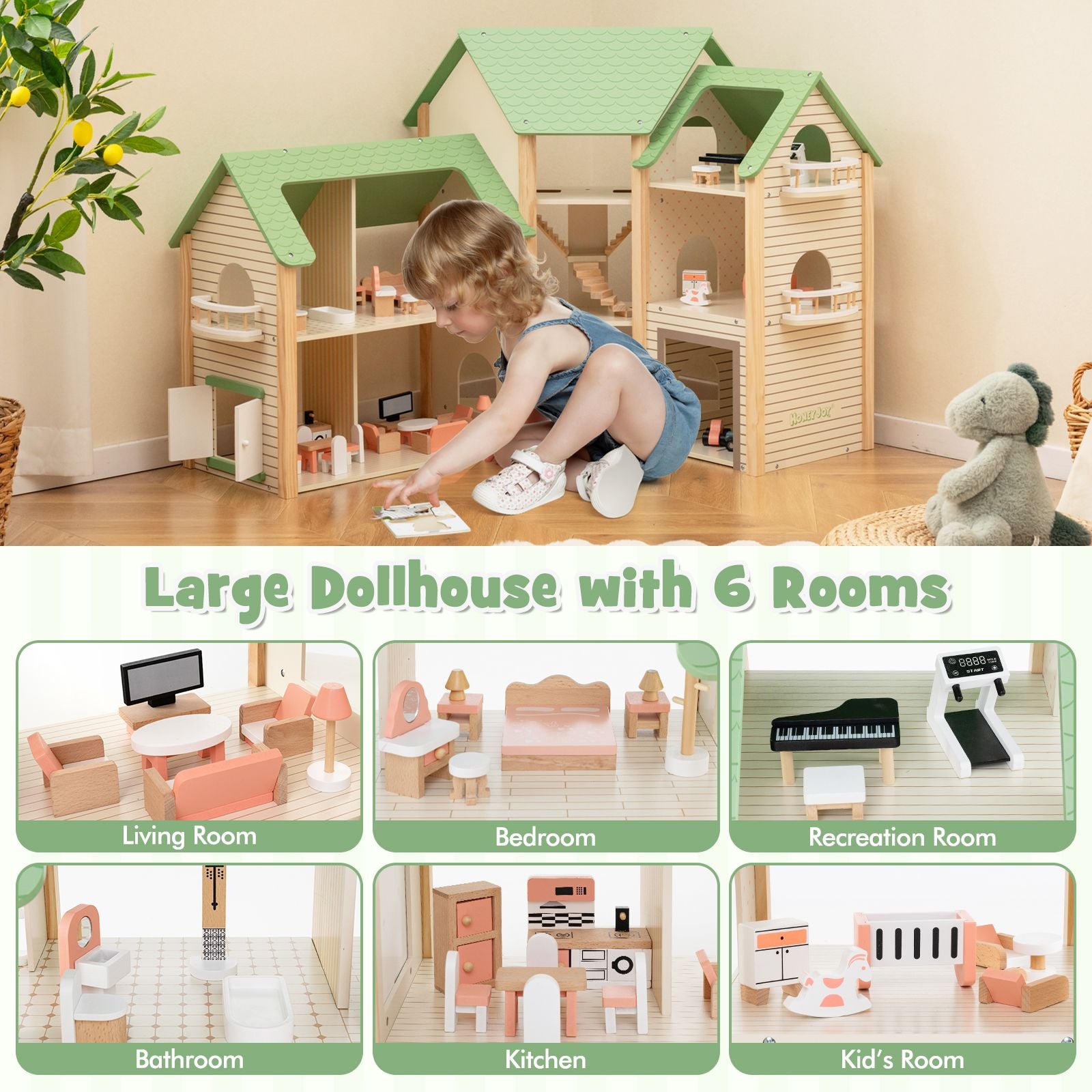 Wooden Dollhouse with 36 Pieces Accessories for Kids