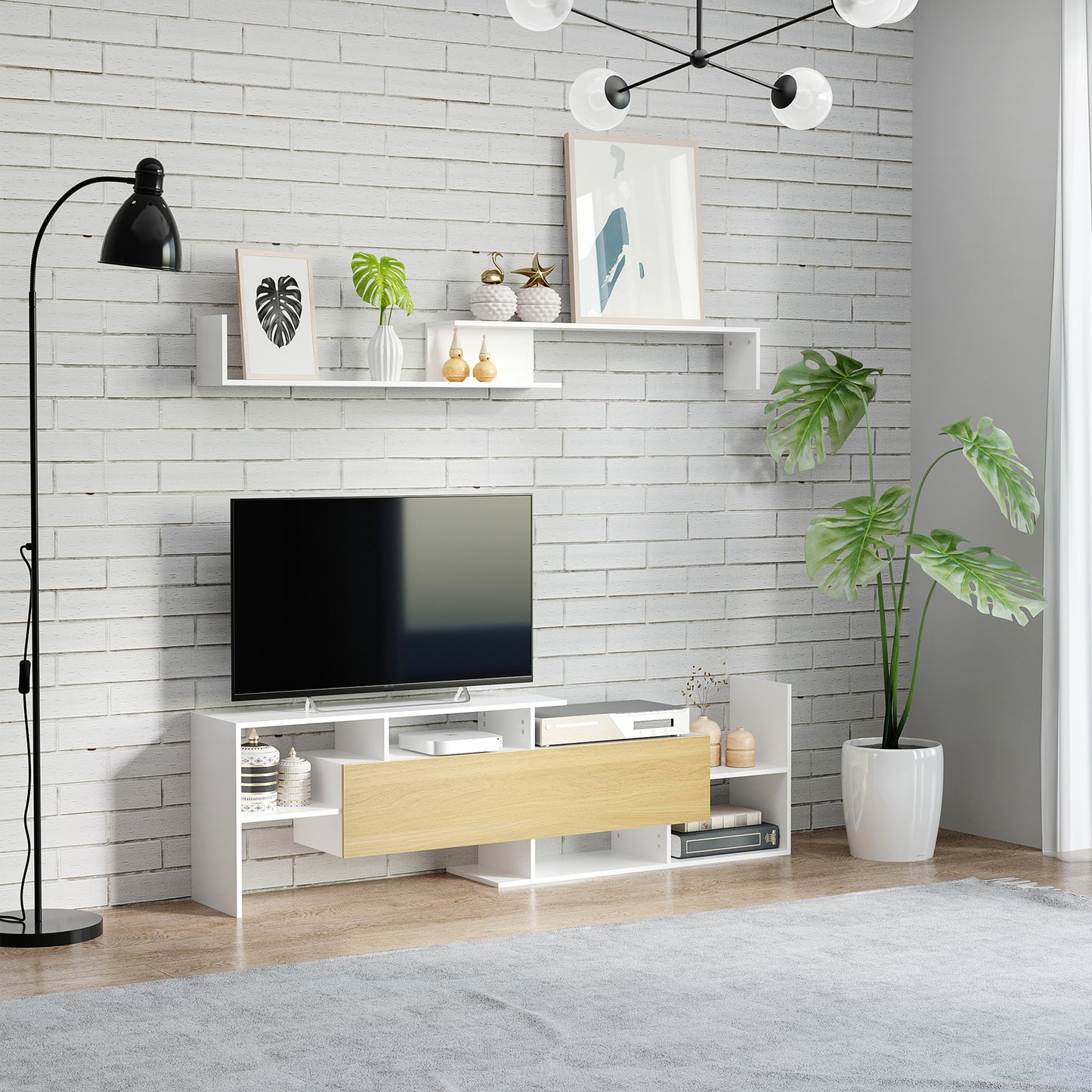 TV Cabinet W/ Wall Shelf and Storage Cabinet for Living Room