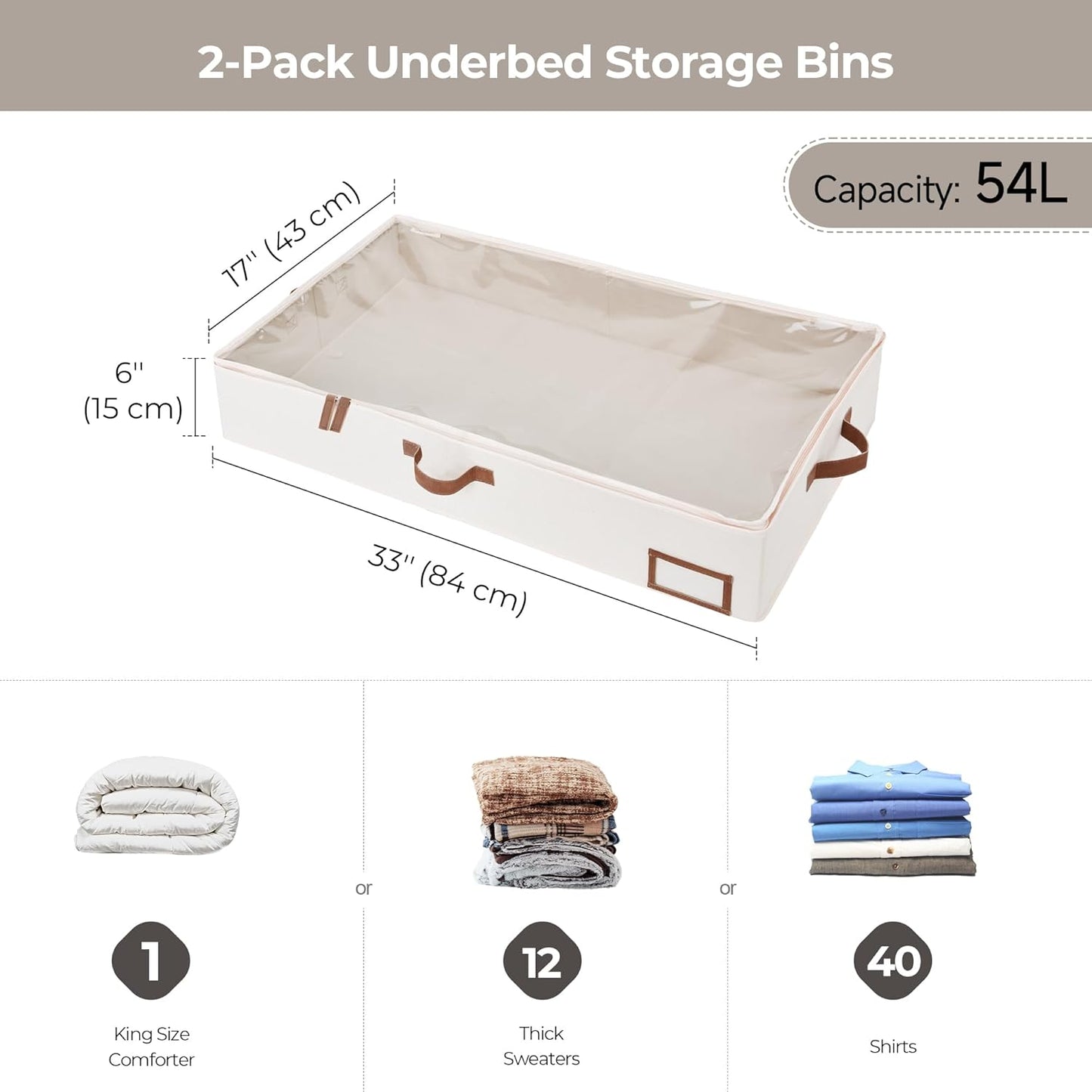 Underbed Storage Boxes with Lids, Large under Bed Storage Box Containers for Bedroom Accessories Organising Clothes Bedding, Rigid under Bed Organisers Ultra Thick, Ivory White, 2-Pack