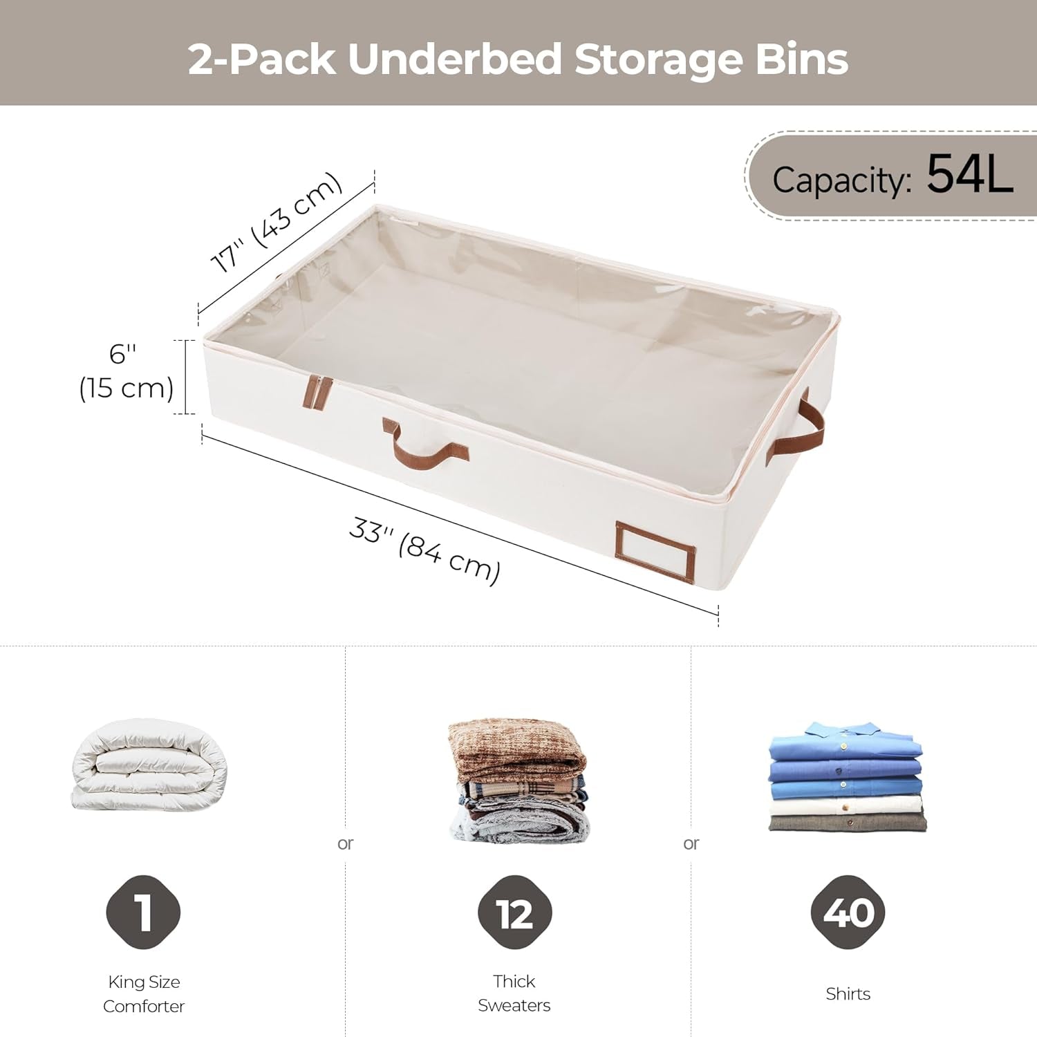 Underbed Storage Boxes with Lids, Large under Bed Storage Box Containers for Bedroom Accessories Organising Clothes Bedding, Rigid under Bed Organisers Ultra Thick, Ivory White, 2-Pack