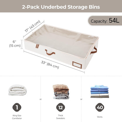 Underbed Storage Boxes with Lids, Large under Bed Storage Box Containers for Bedroom Accessories Organising Clothes Bedding, Rigid under Bed Organisers Ultra Thick, Ivory White, 2-Pack