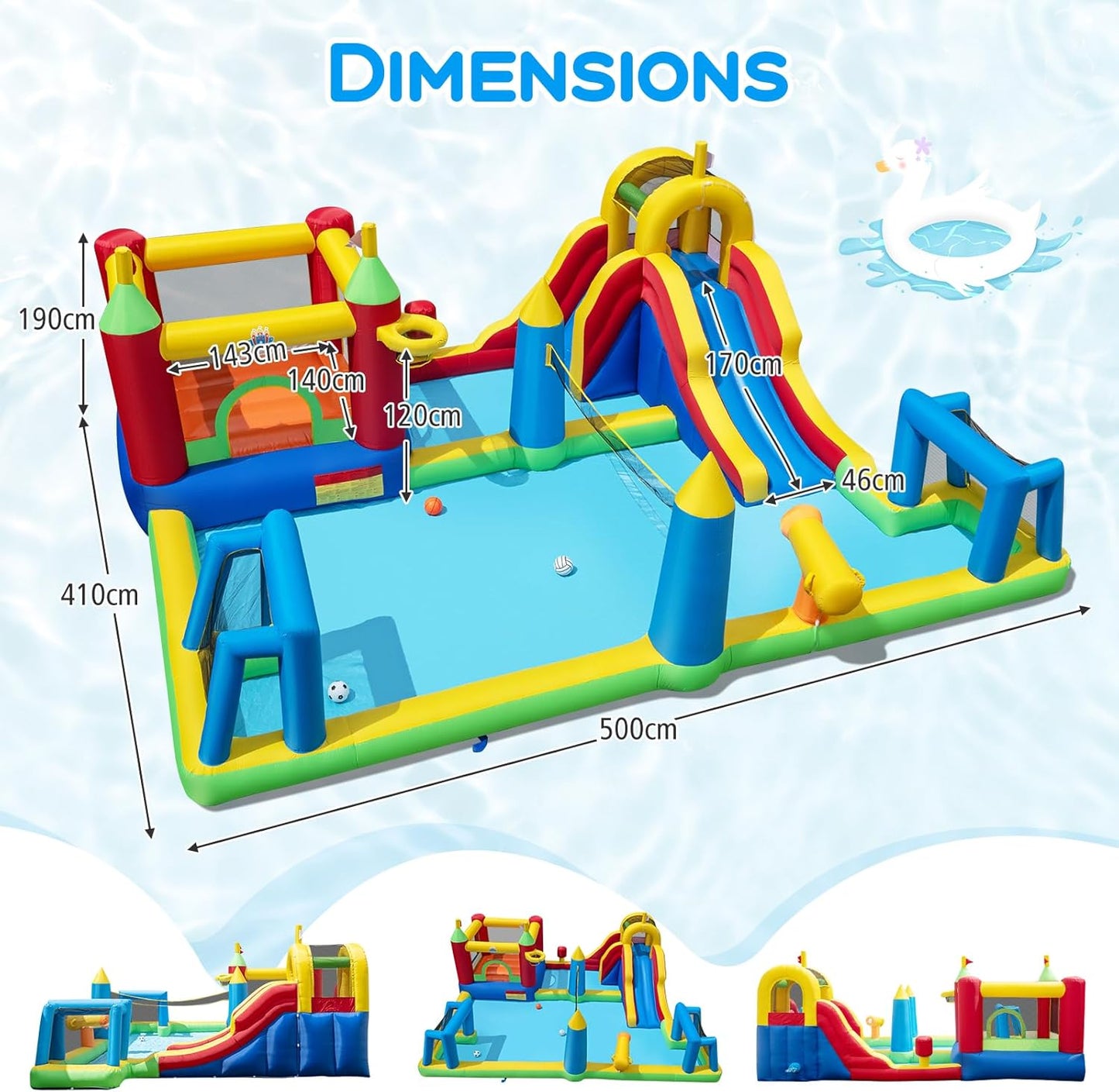 COSTWAY Inflatable Water Park, Kids Bouncy Castle with Slide, Climbing Wall, Splash Pool, Water Cannon, Volleyball Net, Football Goals & Punching Bag, Outdoor Blow up Bounce House (Without Blower)