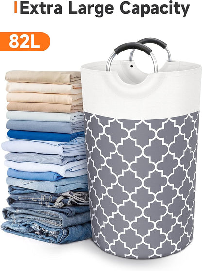 Large Laundry Basket Laundry Hamper Bag Washing Bin Clothes Bag Collapsible Tall with Handles Waterproof Travel Bathroom College Essentials Storage for College Dorm, Family (Grey),82L