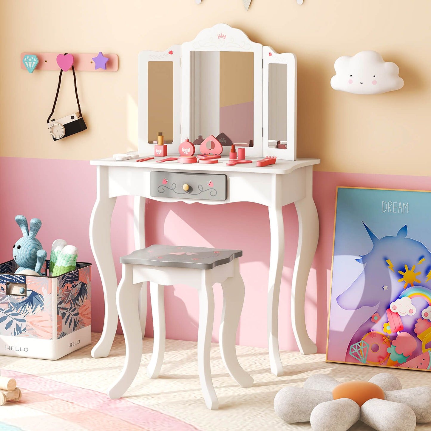 Kids Vanity Table and Stool with Detachable Tri-Fold Mirror and Cute Accessories