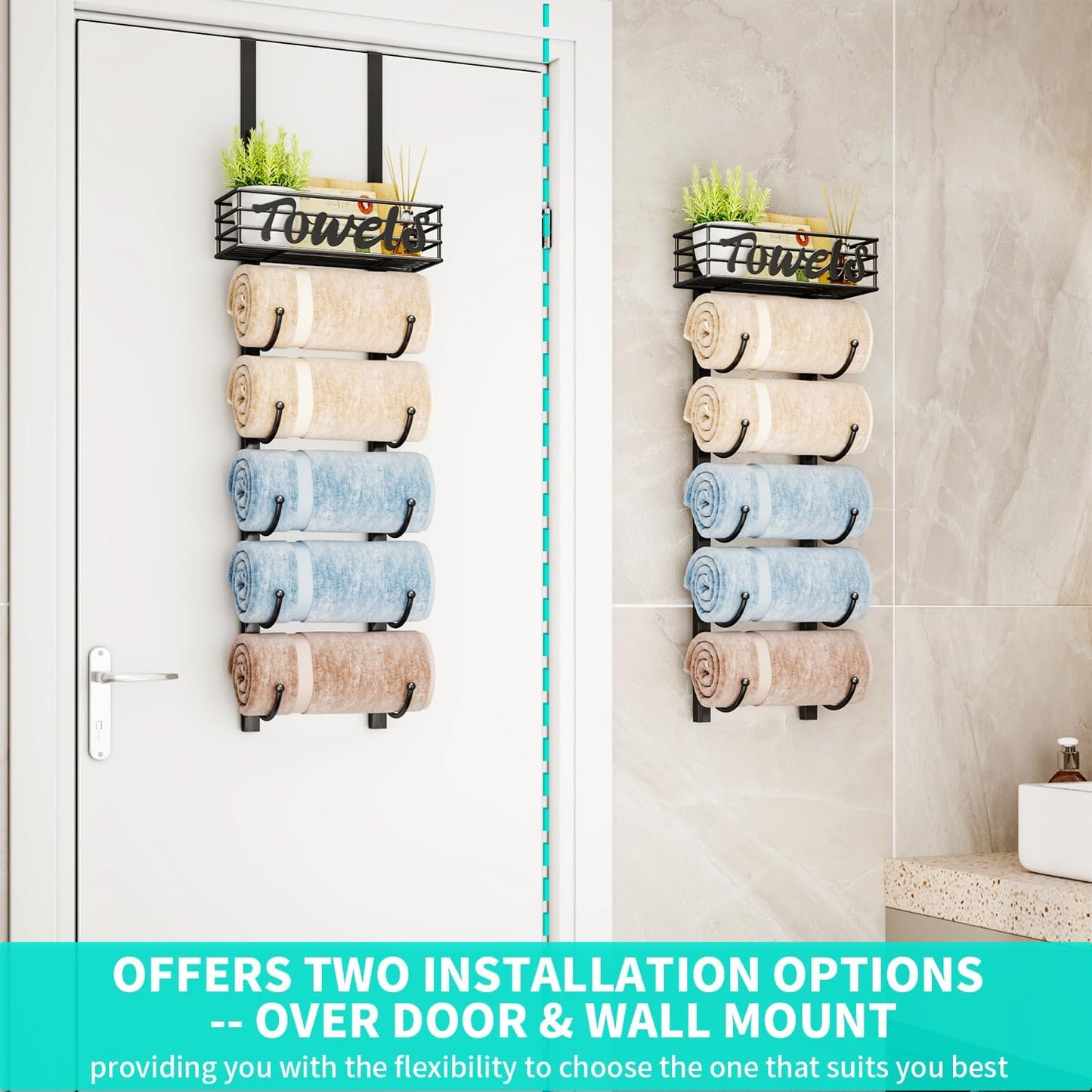 over Door Towel Rack - Towel Storage Rack Wall Mounted with Metal Shelf Basket, 6-Tier over Door Towel Rail & Bathroom Storage Organiser Towel Holder for Small Bathroom, Camper, Rv