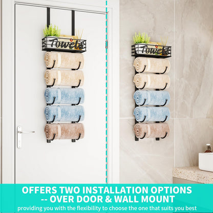 over Door Towel Rack - Towel Storage Rack Wall Mounted with Metal Shelf Basket, 6-Tier over Door Towel Rail & Bathroom Storage Organiser Towel Holder for Small Bathroom, Camper, Rv