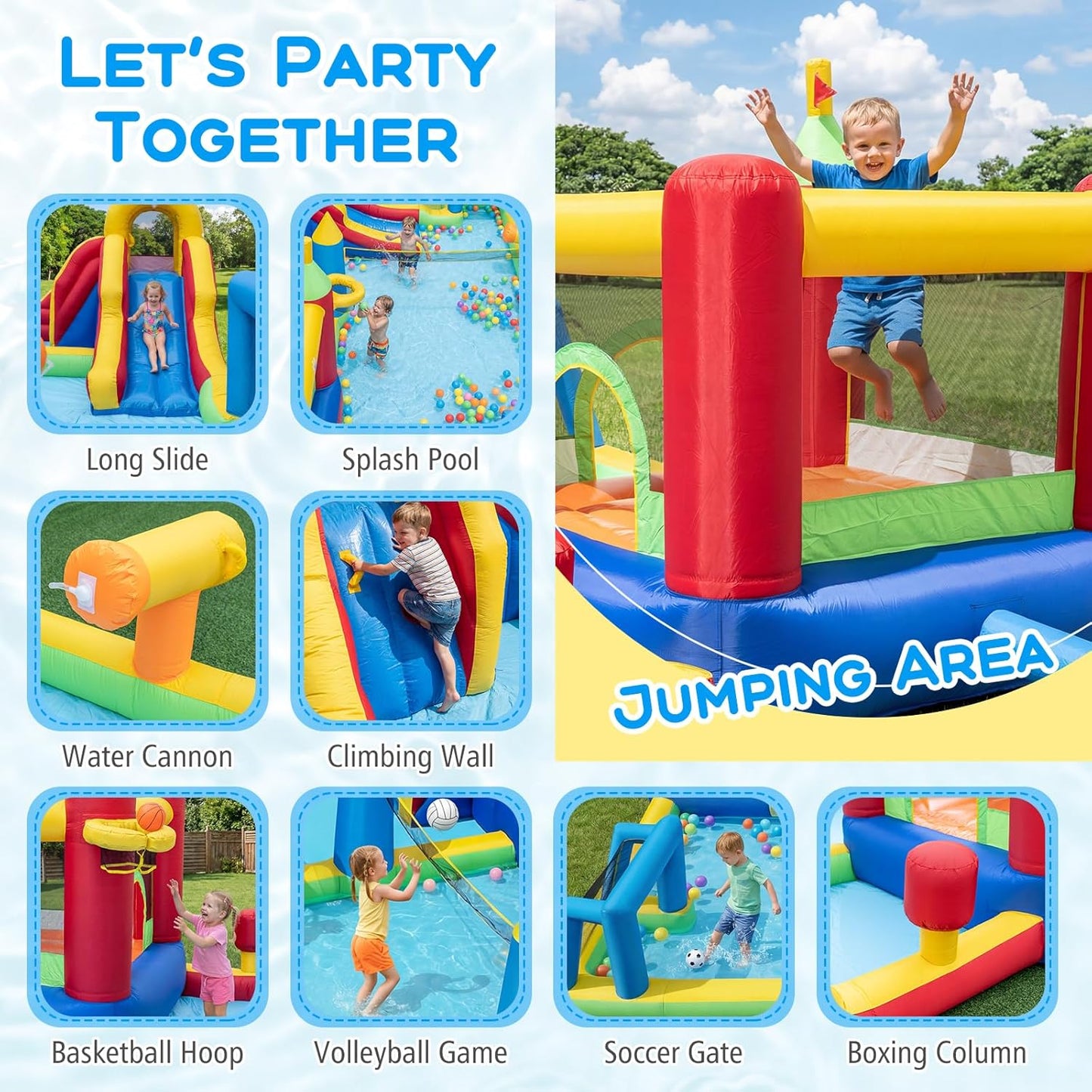 COSTWAY Inflatable Water Park, Kids Bouncy Castle with Slide, Climbing Wall, Splash Pool, Water Cannon, Volleyball Net, Football Goals & Punching Bag, Outdoor Blow up Bounce House (Without Blower)