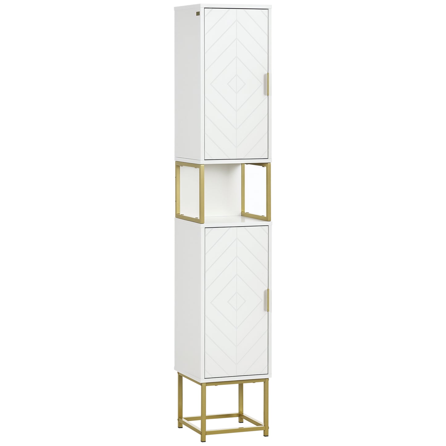Narrow Bathroom Storage Cabinet with Open Shelf, Adjustable Shelf, 2 Cupboards