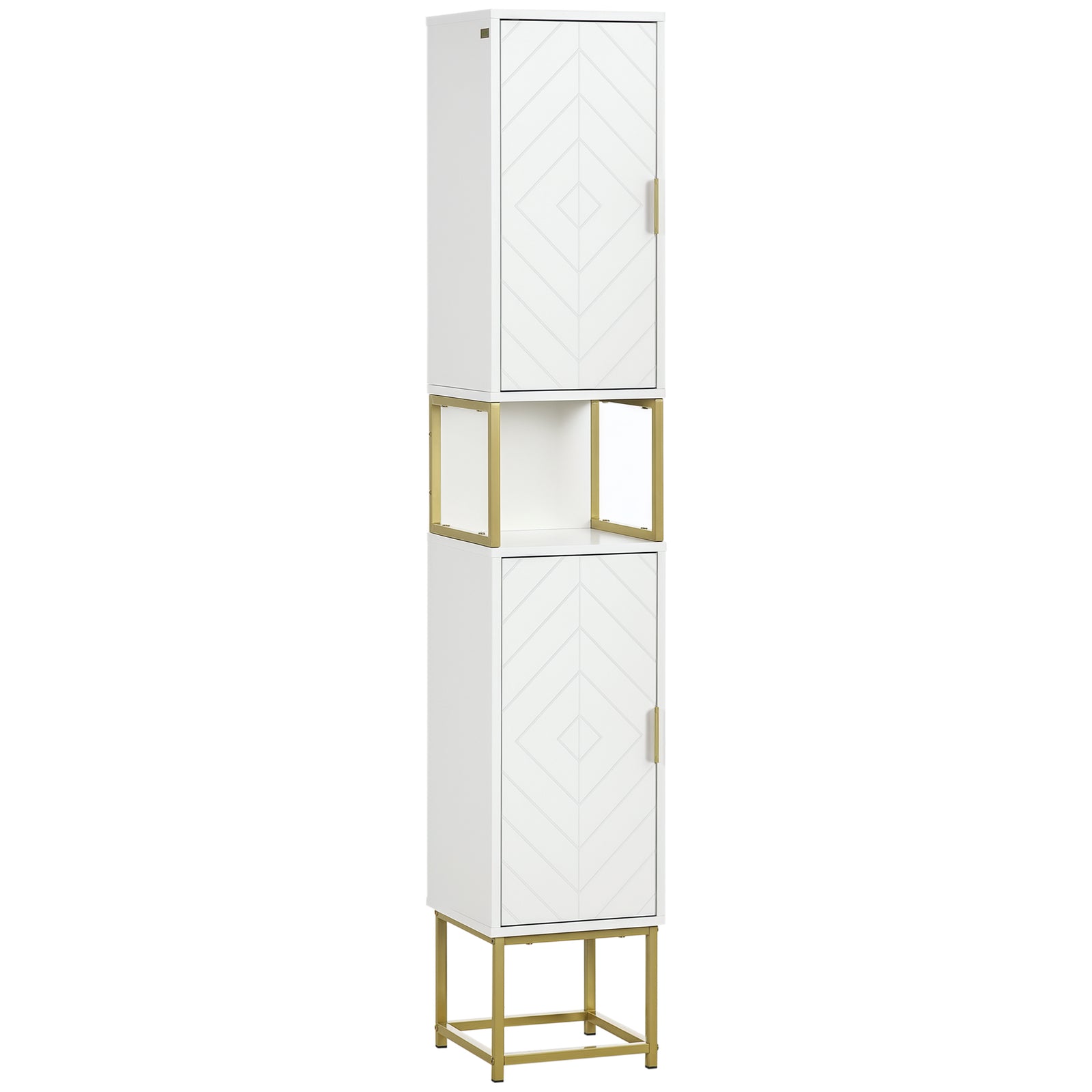 Narrow Bathroom Storage Cabinet with Open Shelf, Adjustable Shelf, 2 Cupboards