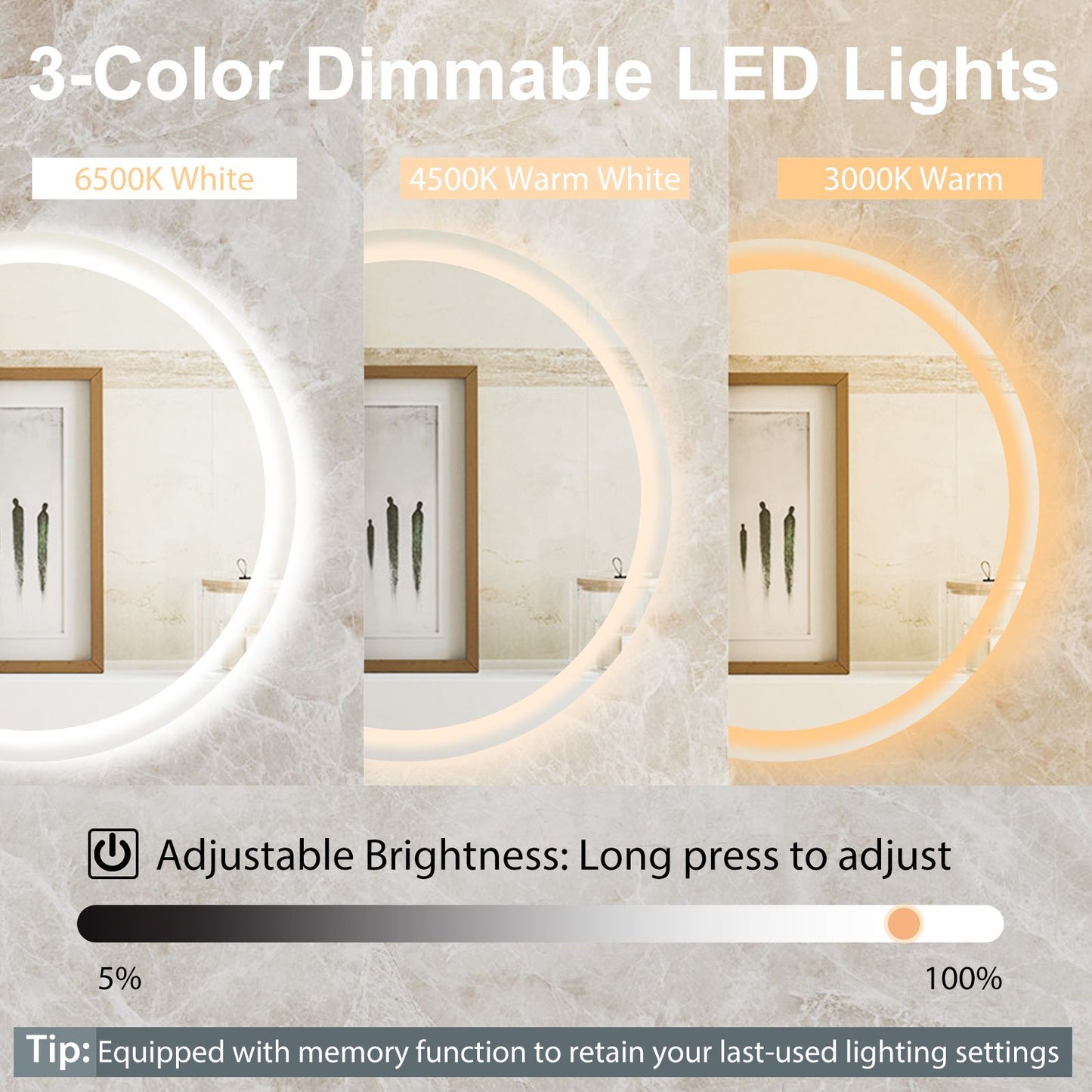 LED Bathroom Mirror with 3-Color Dimmable Lights, Time and Temp Display