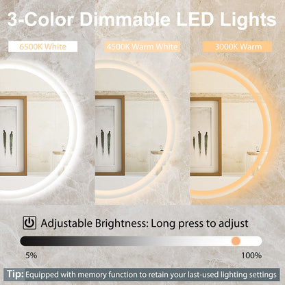 LED Bathroom Mirror with 3-Color Dimmable Lights, Time and Temp Display
