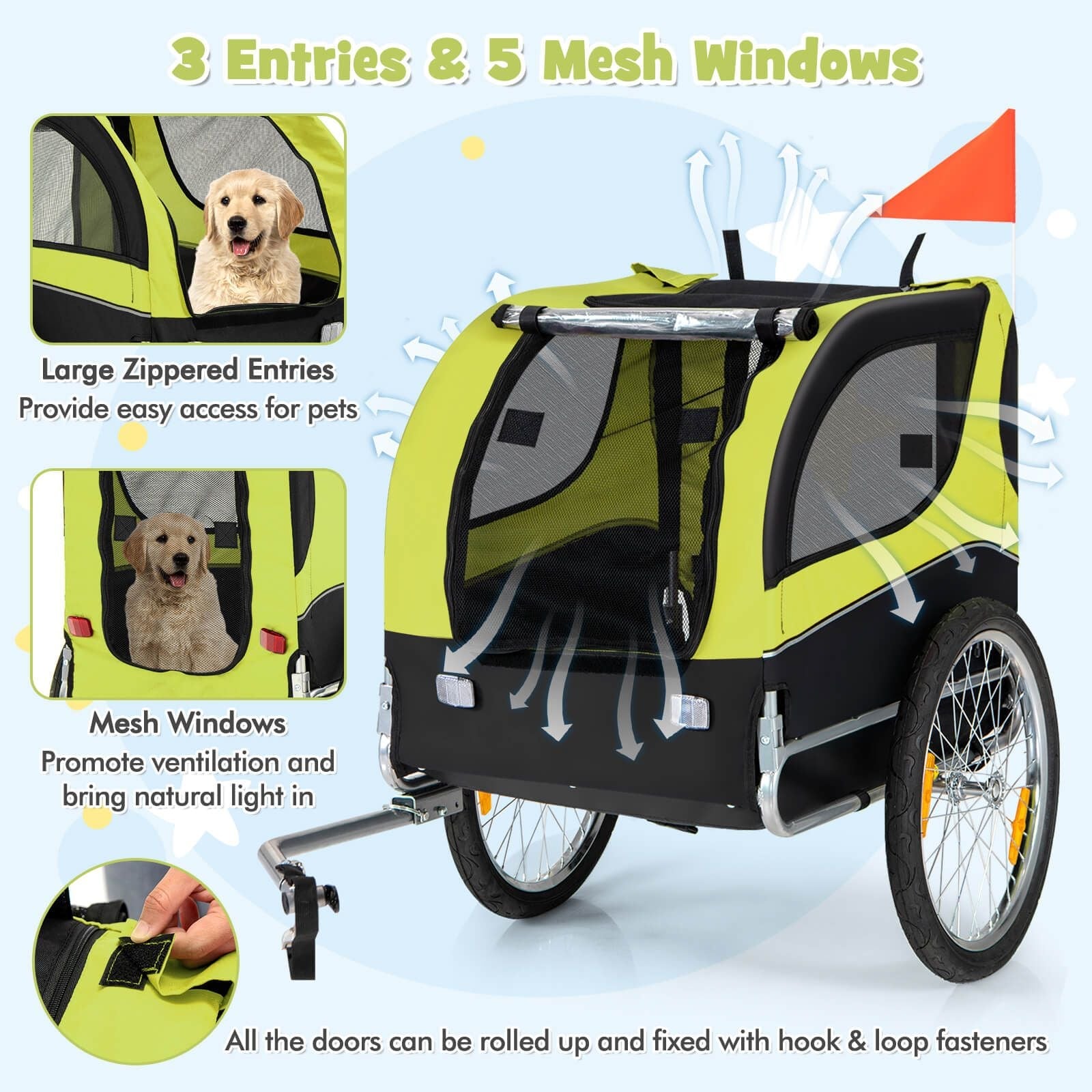 Folding Pet Bike Trailer with 3 Zippered Doors and 8 Reflectors