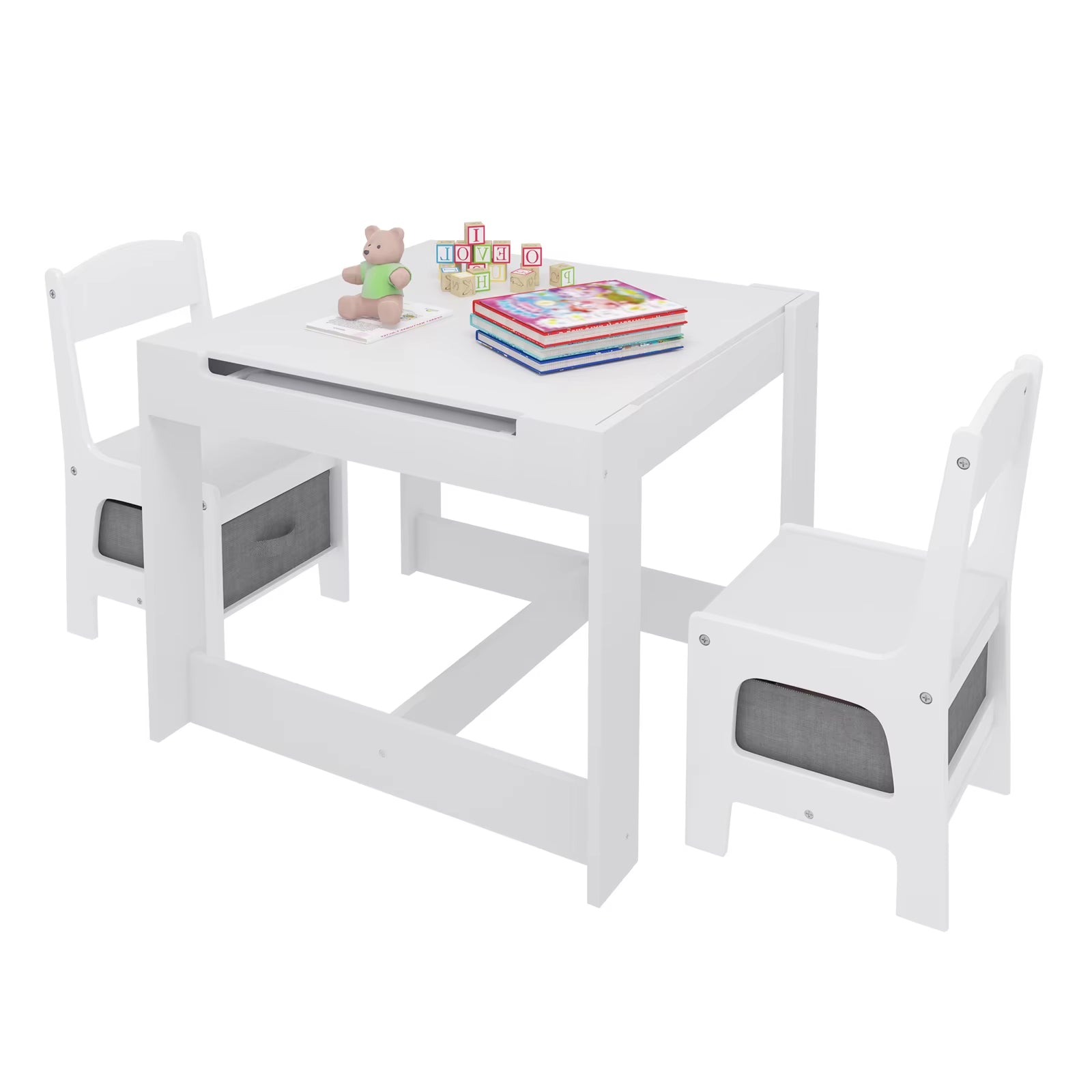 Kids Desk White Children Table 2Chairs Set with Storage Basket Reversible Tabletop Blackboard Paper Roll for Preschool