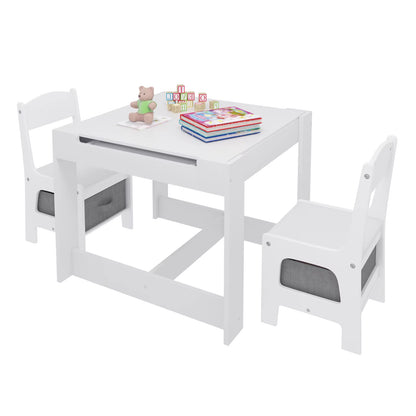 Kids Desk White Children Table 2Chairs Set with Storage Basket Reversible Tabletop Blackboard Paper Roll for Preschool
