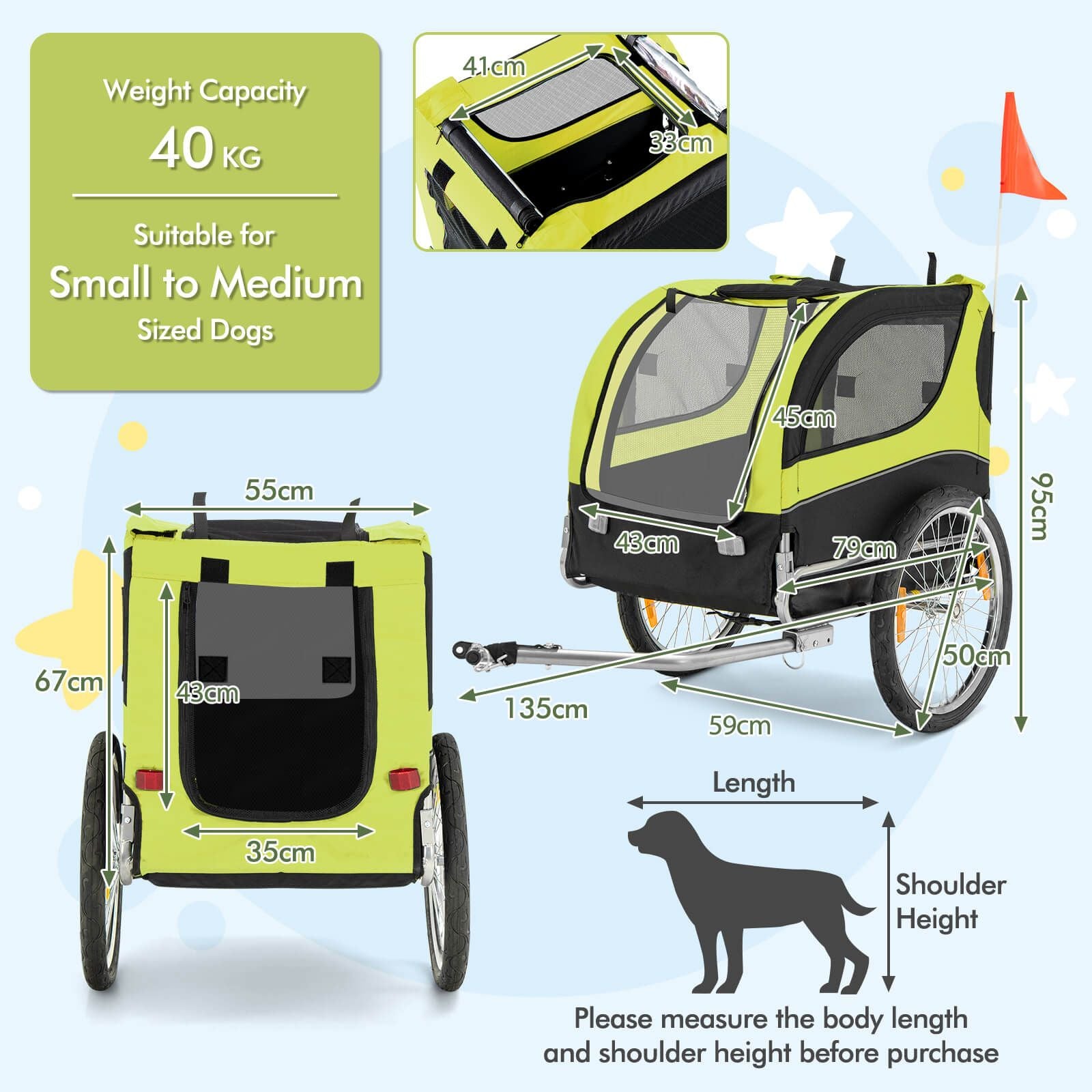 Folding Pet Bike Trailer with 3 Zippered Doors and 8 Reflectors