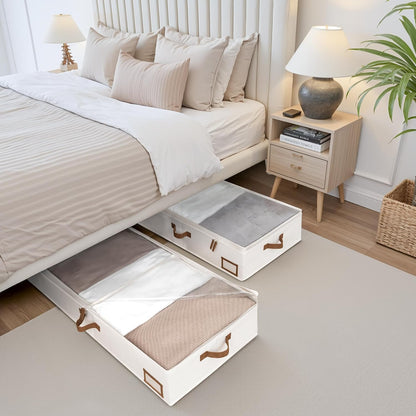 Underbed Storage Boxes with Lids, Large under Bed Storage Box Containers for Bedroom Accessories Organising Clothes Bedding, Rigid under Bed Organisers Ultra Thick, Ivory White, 2-Pack