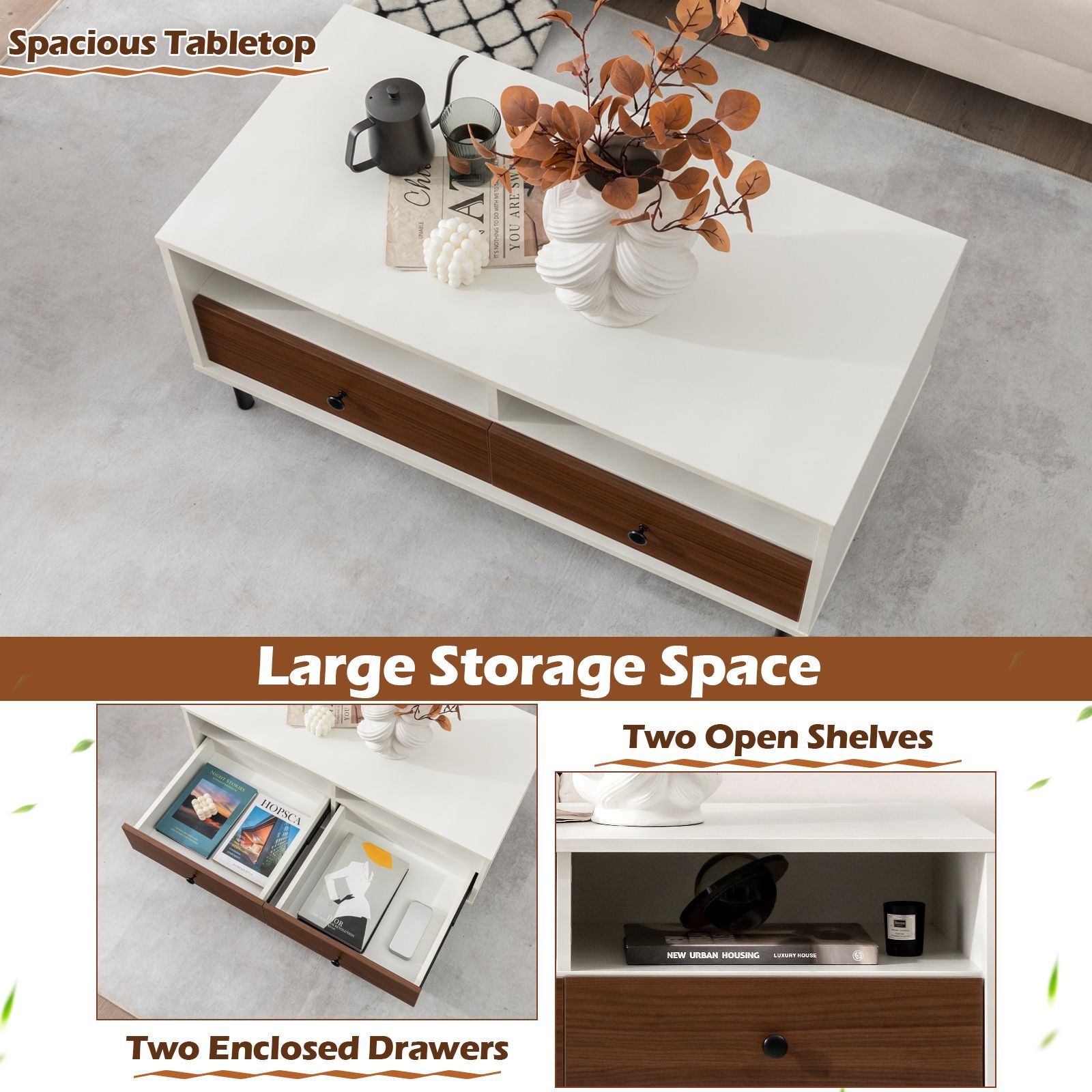 Rectangle Sofa Tea Table with Sturdy Metal Legs for Home Office