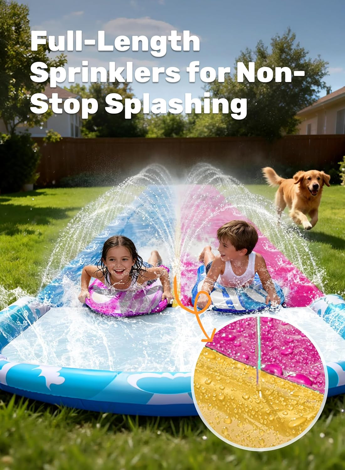 JOYIN 22.5Ft/685.8Cm Water Slides and 2 Bodyboards, Lawn Water Slide Summer Slip Waterslides Water Toy with Build in Sprinkler for Backyard Outdoor Water Fun for Kids,Blue,Pink