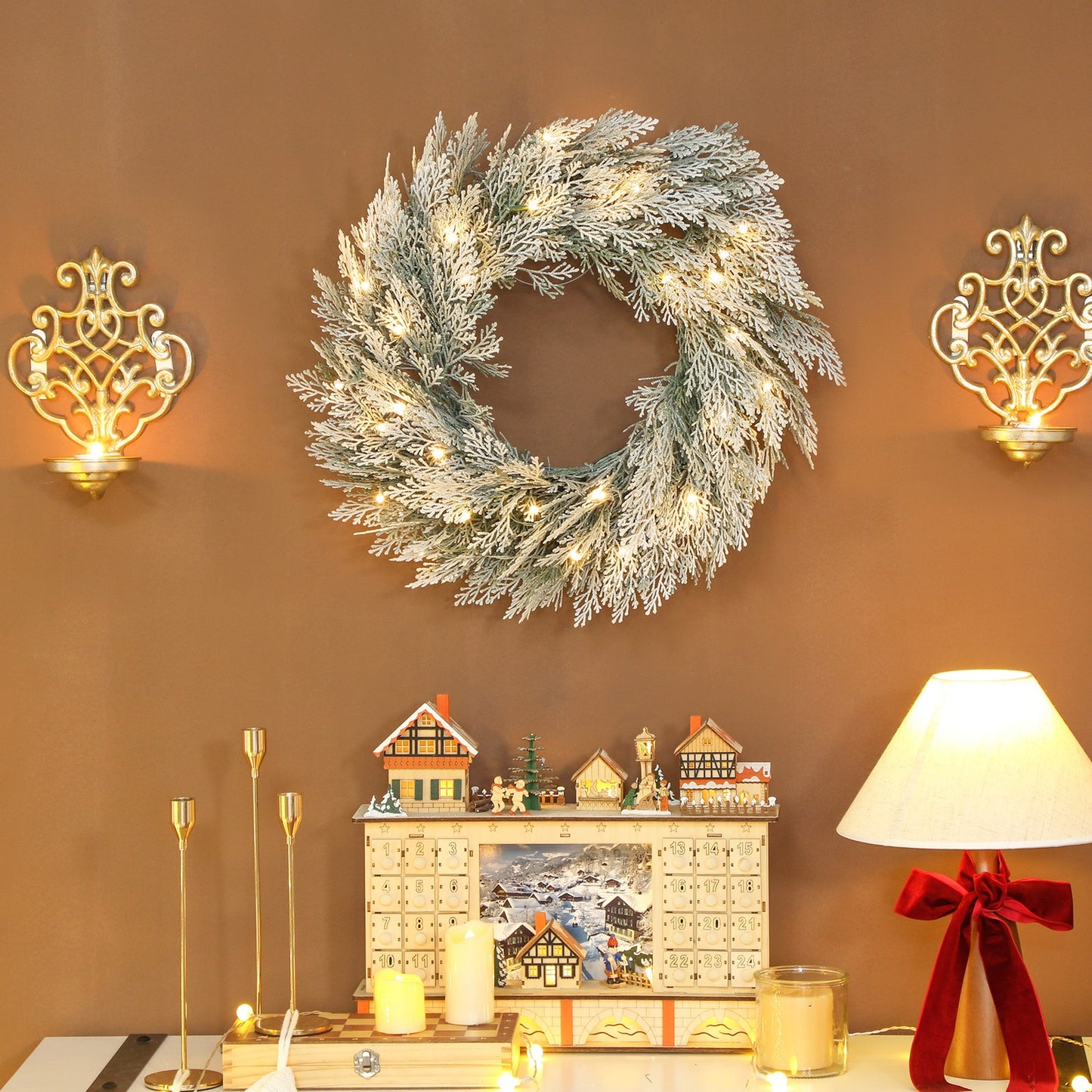 HOMCOM 60 Cm Prelit Christmas Wreath, Flocked Front Door Wreath with Timer