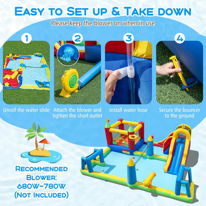 COSTWAY Inflatable Water Park, Kids Bouncy Castle with Slide, Climbing Wall, Splash Pool, Water Cannon, Volleyball Net, Football Goals & Punching Bag, Outdoor Blow up Bounce House (Without Blower)