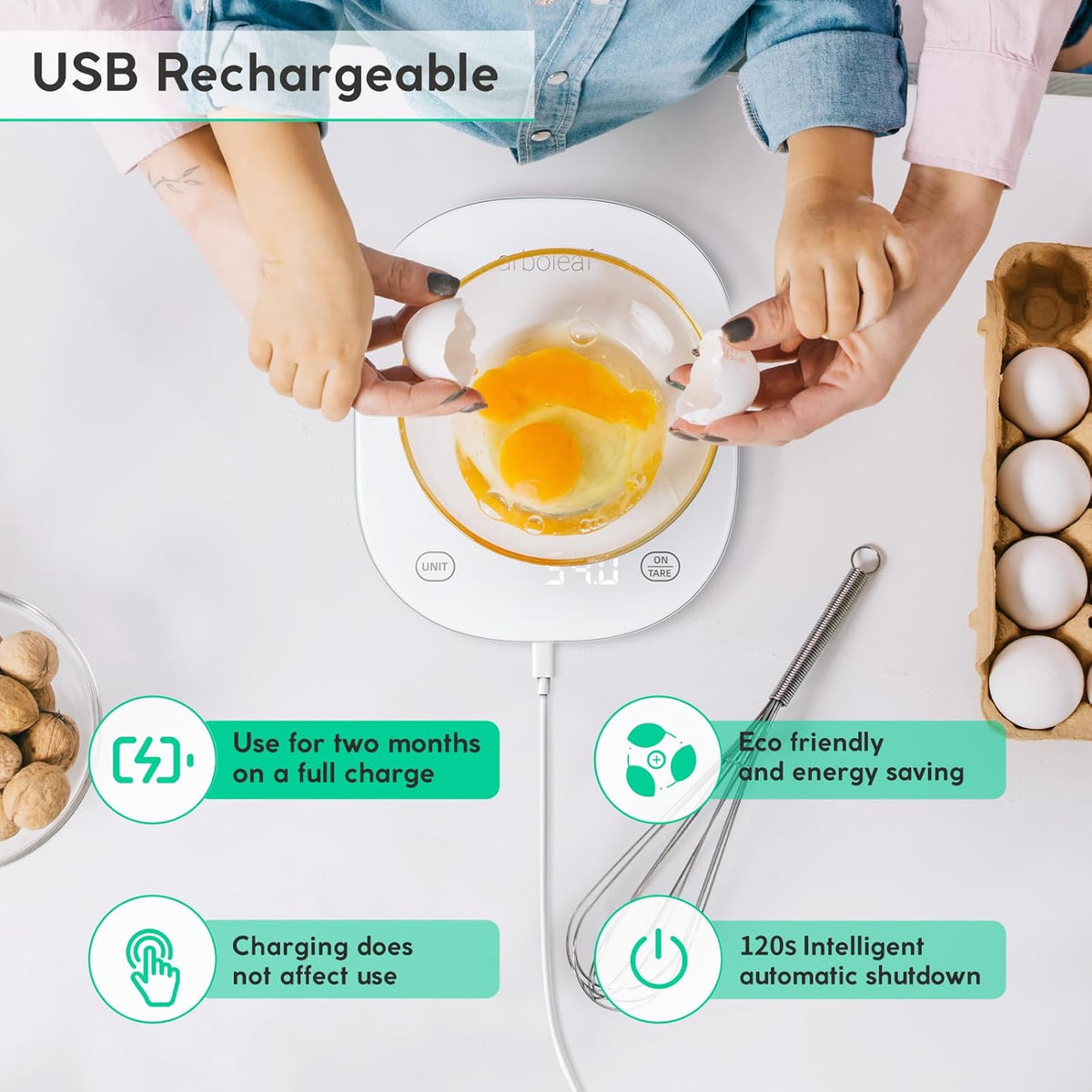 Digital Kitchen Scales, Weighing Scales Kitchen, Scales Kitchen with Nutrition Calculator, Smart Kitchen Scales with Tare Function, USB Rechargeable, 10Kg/22Lb, White