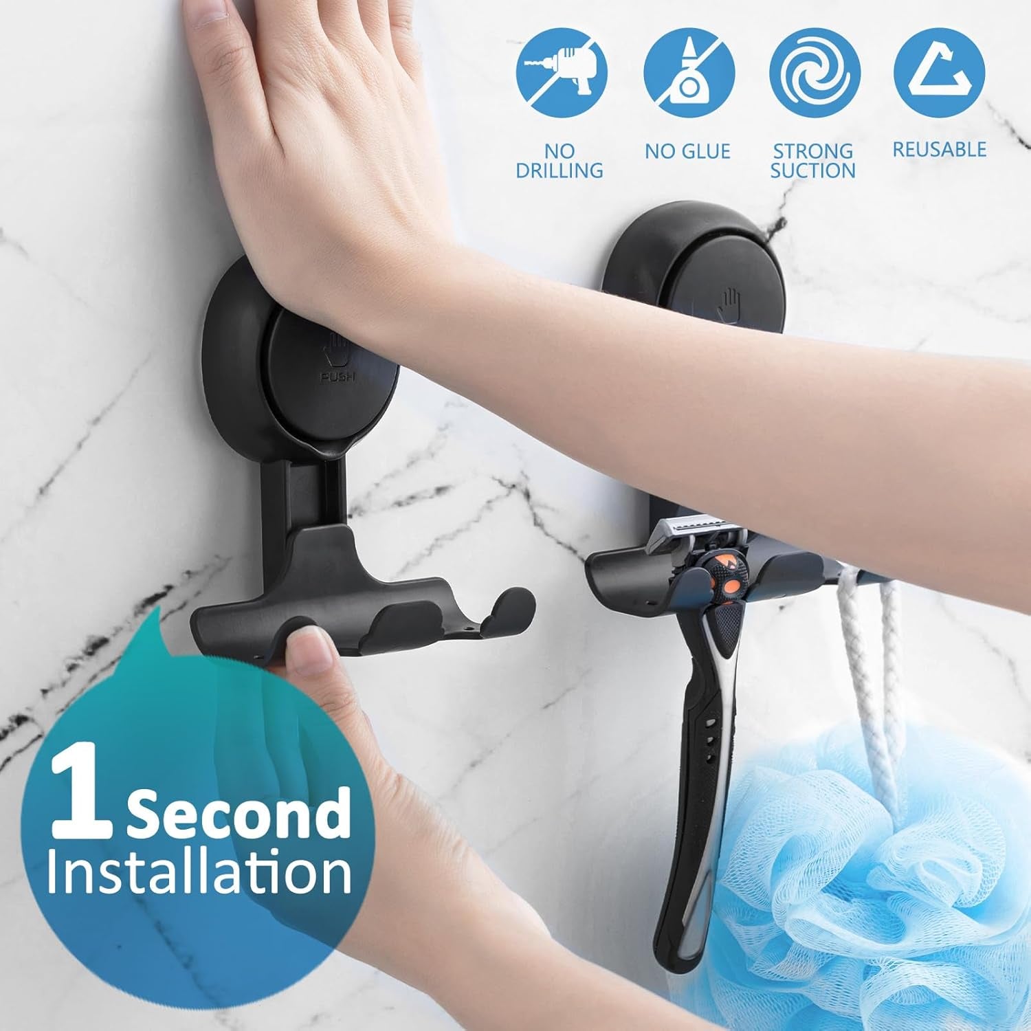 Razor Holder for Shower with Suction Cup,Vacuum Shower Hooks Reusable Bathroom Suction Razor Holder Bathroom Wall Hooks for Towels Robes Multipurpose Hanging 2 Packs, Black