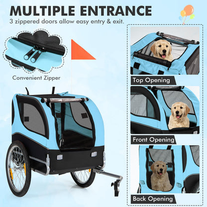 Folding Pet Bike Trailer with 3 Zippered Doors and 8 Reflectors
