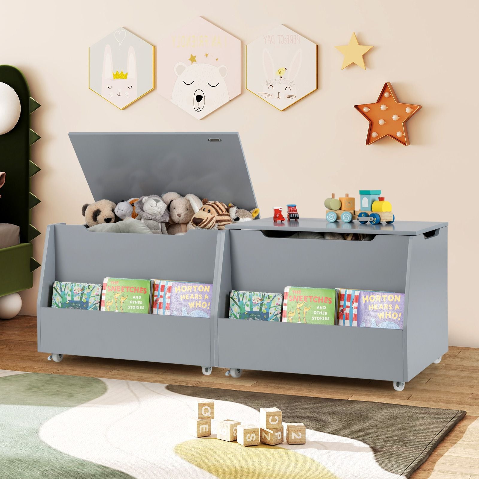 Mobile Toy Storage Organizer with Bookshelf and Wheels for Playroom Bedroom