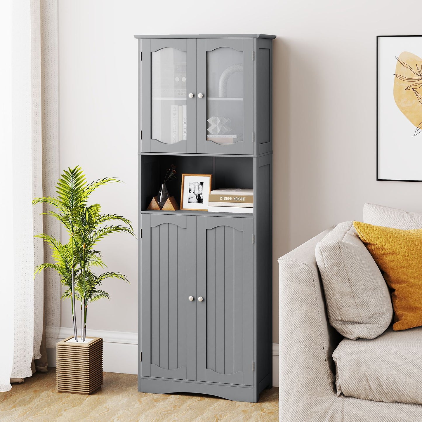Tempered Glass Door Pantry Cabinet with 3-Position Adjustable Shelves