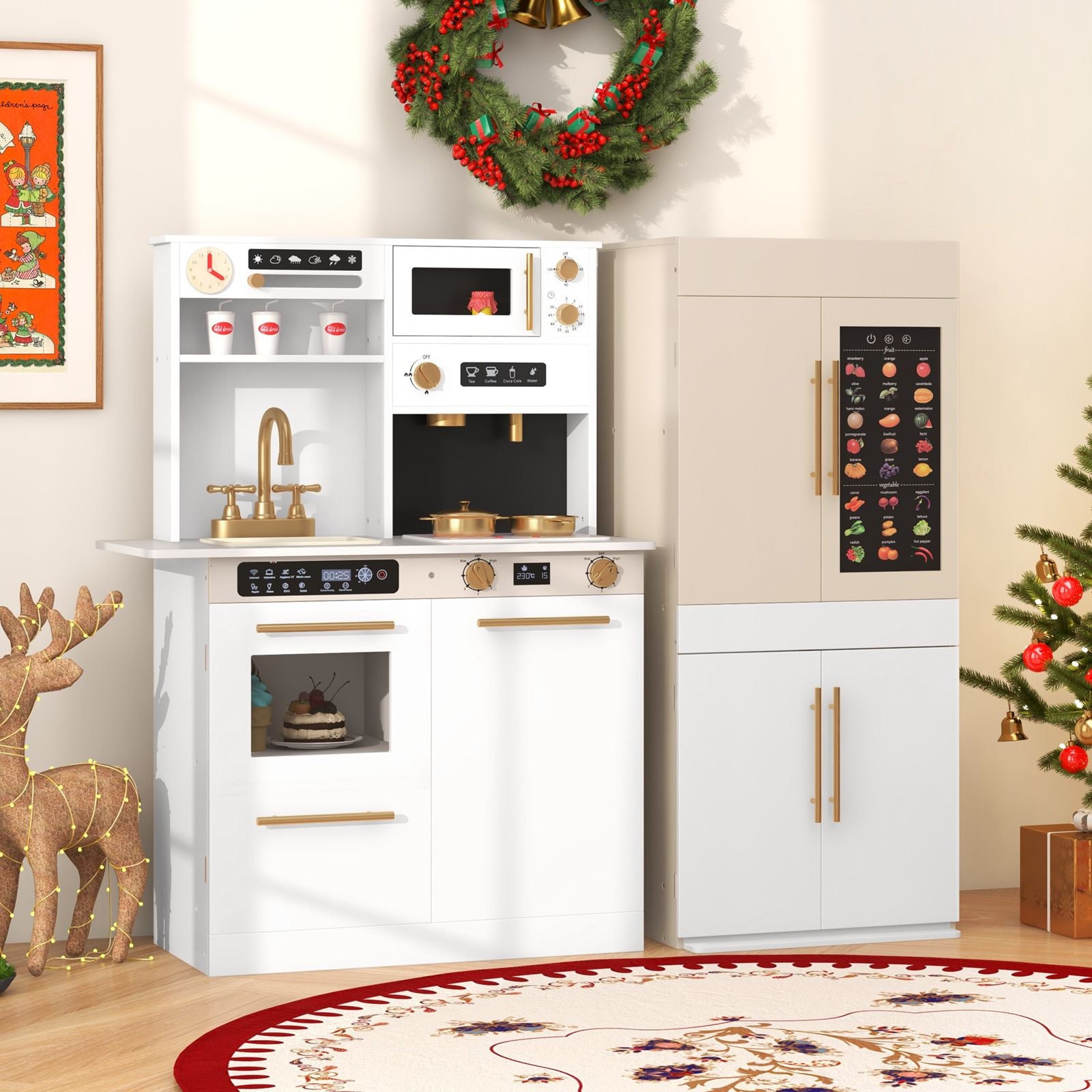 2 Pieces Kids Kitchen Playset Play Kitchen Refrigerator Combination