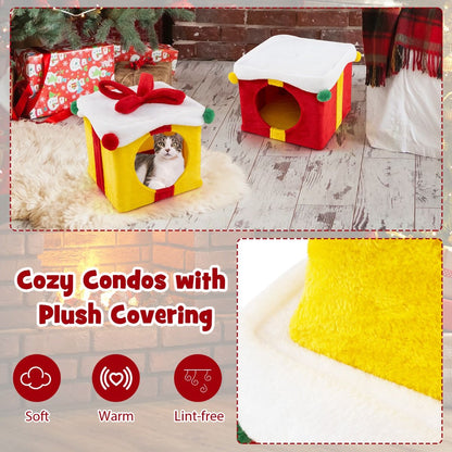 Indoor 2-Storey Cute Christmas Cat House with Bow