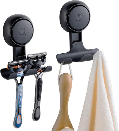 Razor Holder for Shower with Suction Cup,Vacuum Shower Hooks Reusable Bathroom Suction Razor Holder Bathroom Wall Hooks for Towels Robes Multipurpose Hanging 2 Packs, Black