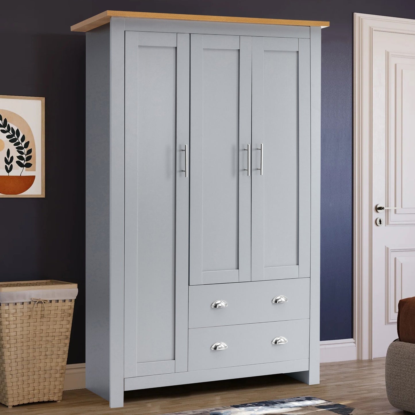 3 Door 2 Drawers Wardrobe with Shelves Storage & Hanging Rail Bedroom Furniture