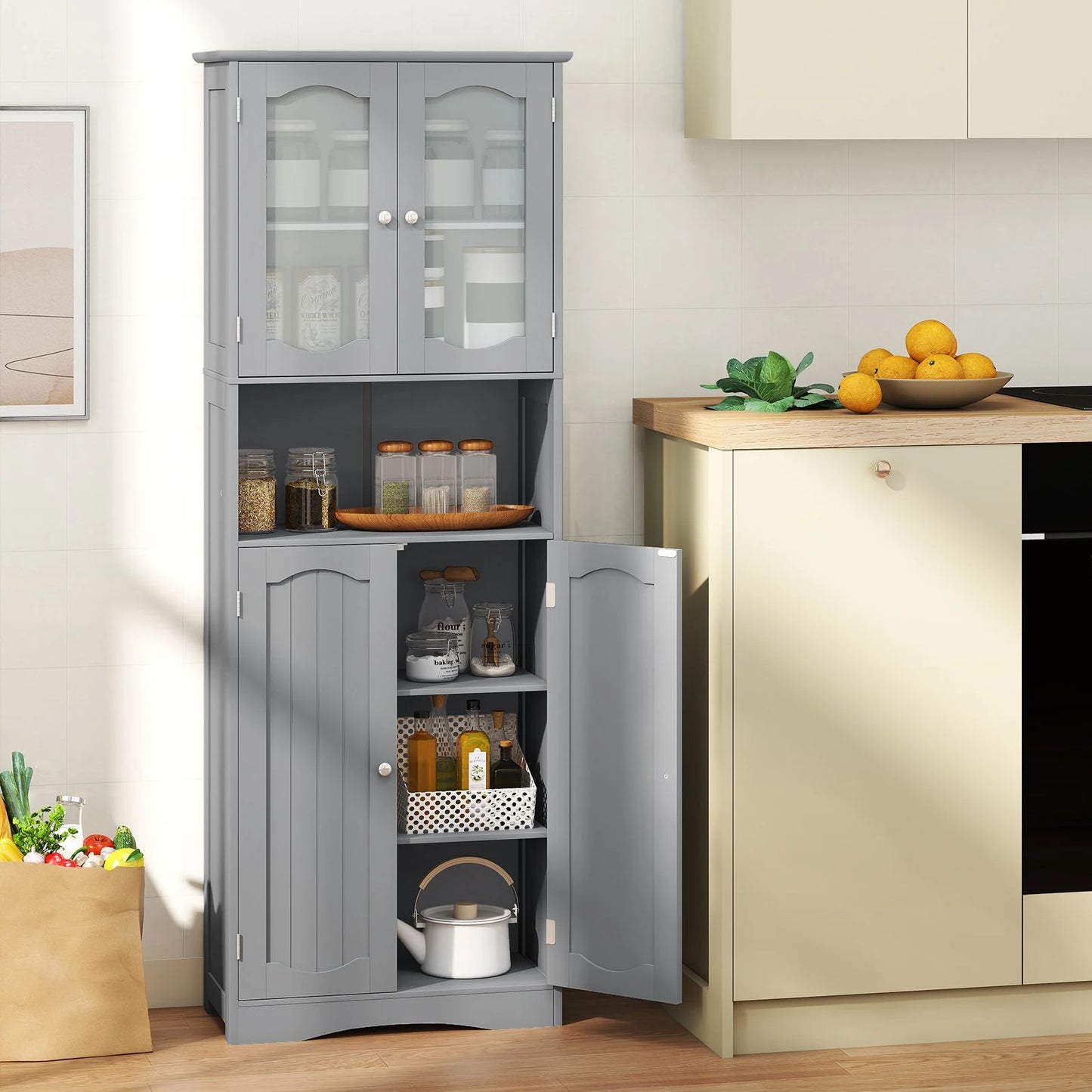 Tempered Glass Door Pantry Cabinet with 3-Position Adjustable Shelves