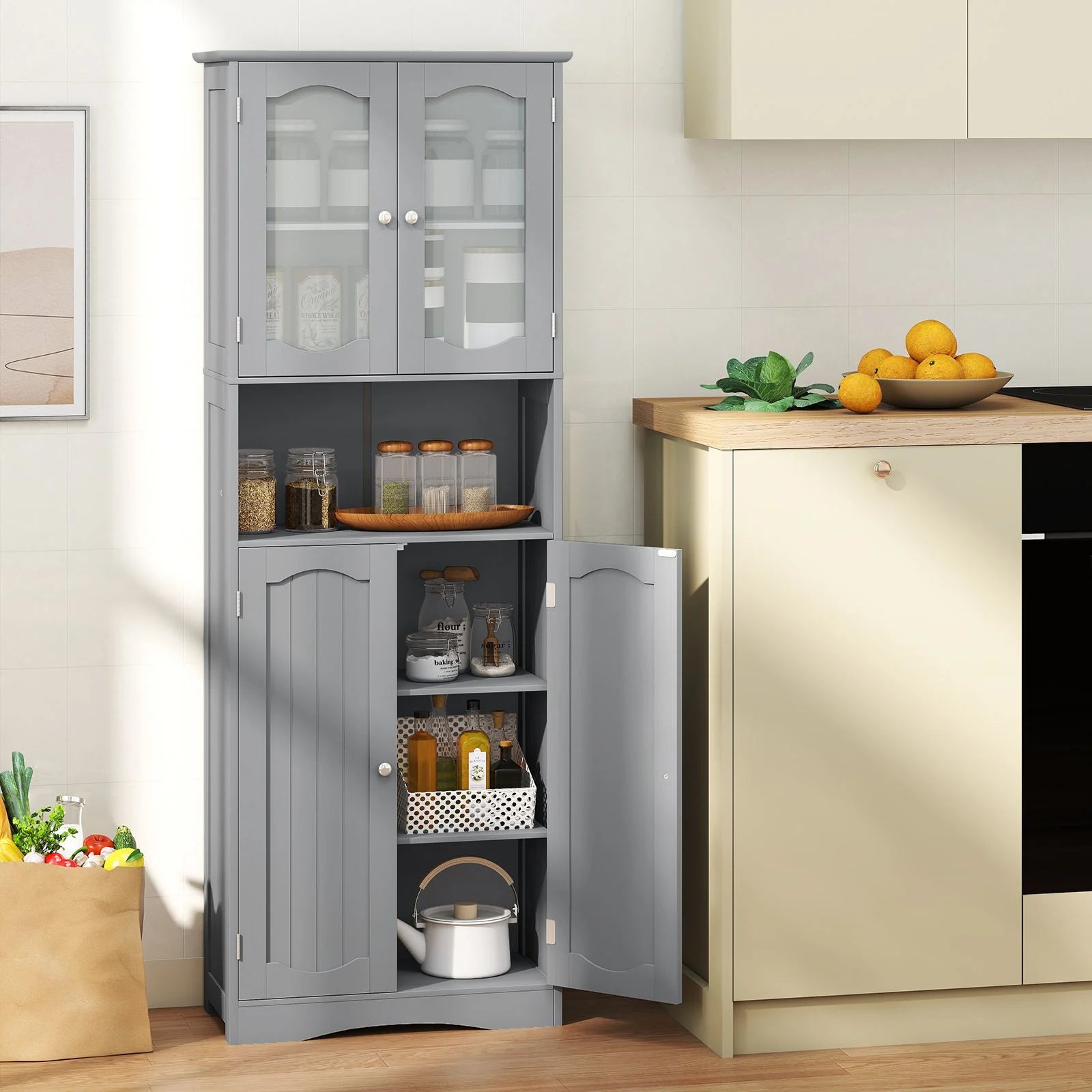 Tempered Glass Door Pantry Cabinet with 3-Position Adjustable Shelves