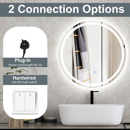 LED Bathroom Mirror with 3-Color Dimmable Lights, Time and Temp Display