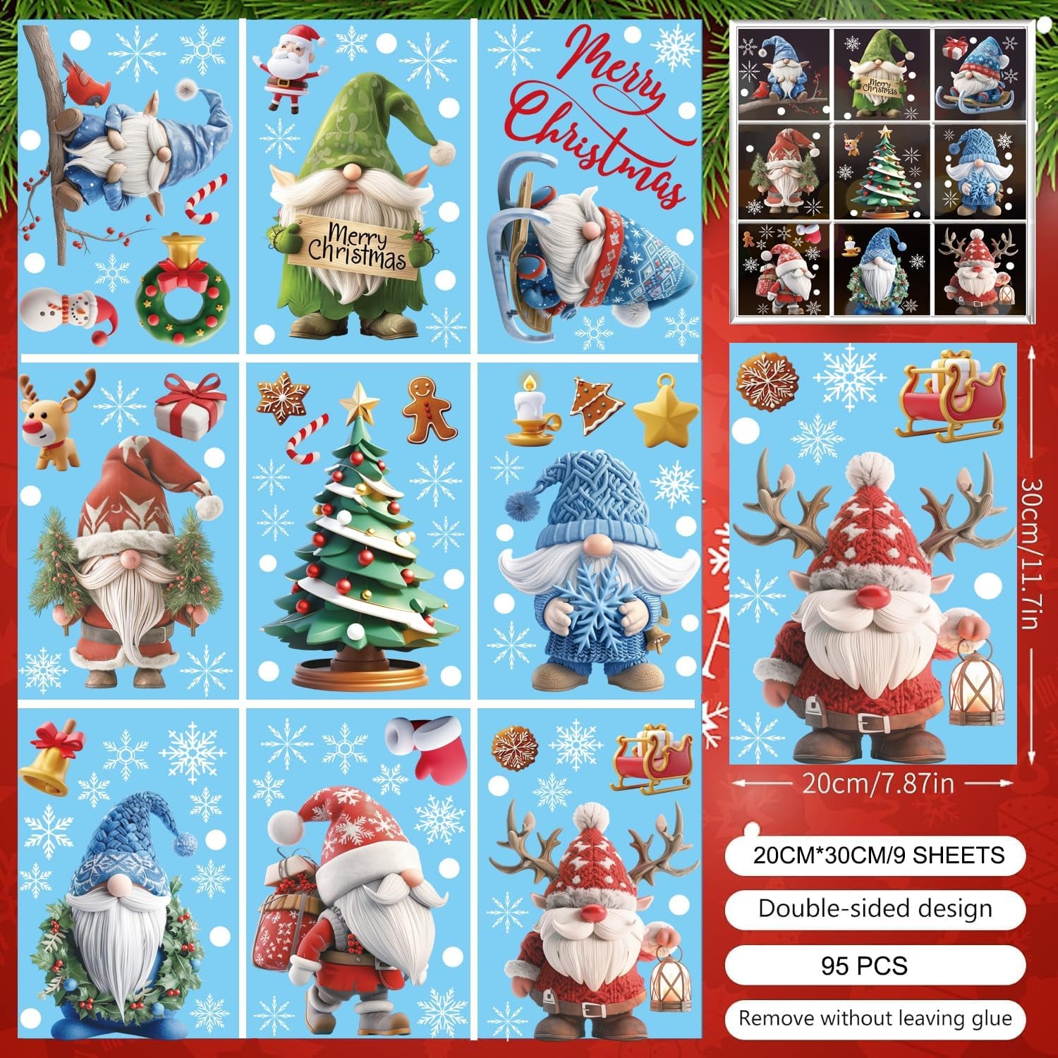 Christmas Window Stickers, 9 Sheets 95 Pcs Reusable Double-Sides Xmas Decals Chr