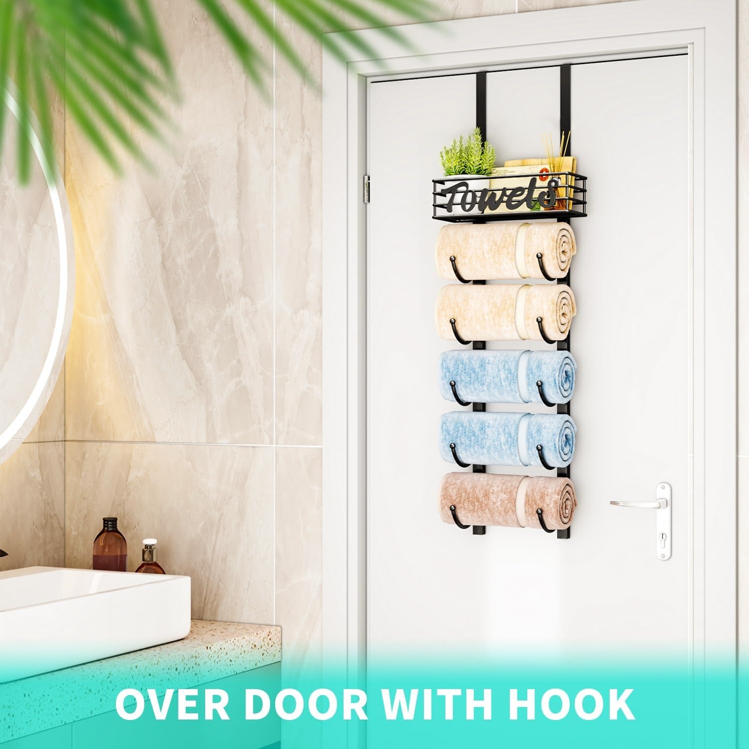 over Door Towel Rack - Towel Storage Rack Wall Mounted with Metal Shelf Basket, 6-Tier over Door Towel Rail & Bathroom Storage Organiser Towel Holder for Small Bathroom, Camper, Rv