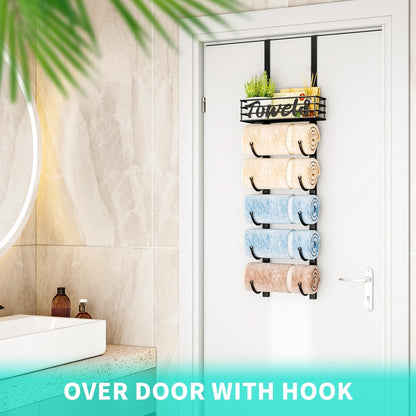 over Door Towel Rack - Towel Storage Rack Wall Mounted with Metal Shelf Basket, 6-Tier over Door Towel Rail & Bathroom Storage Organiser Towel Holder for Small Bathroom, Camper, Rv