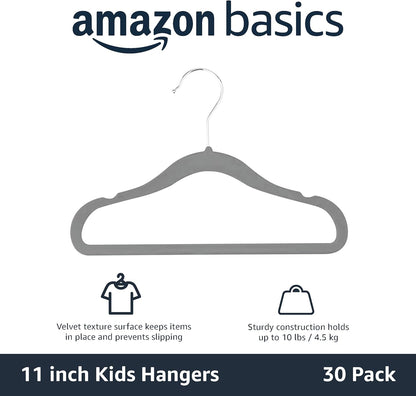 Kids Velvet, Non-Slip Clothes Hangers (Baby/Toddler), 29.46 Cm (For Baby Clothes), Pack of 30, Gray