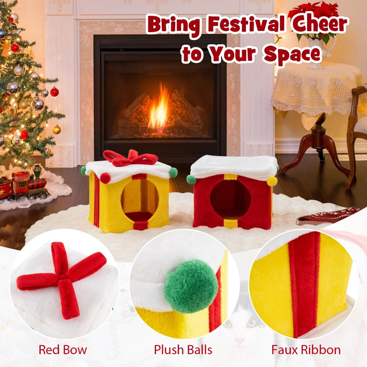 Indoor 2-Storey Cute Christmas Cat House with Bow