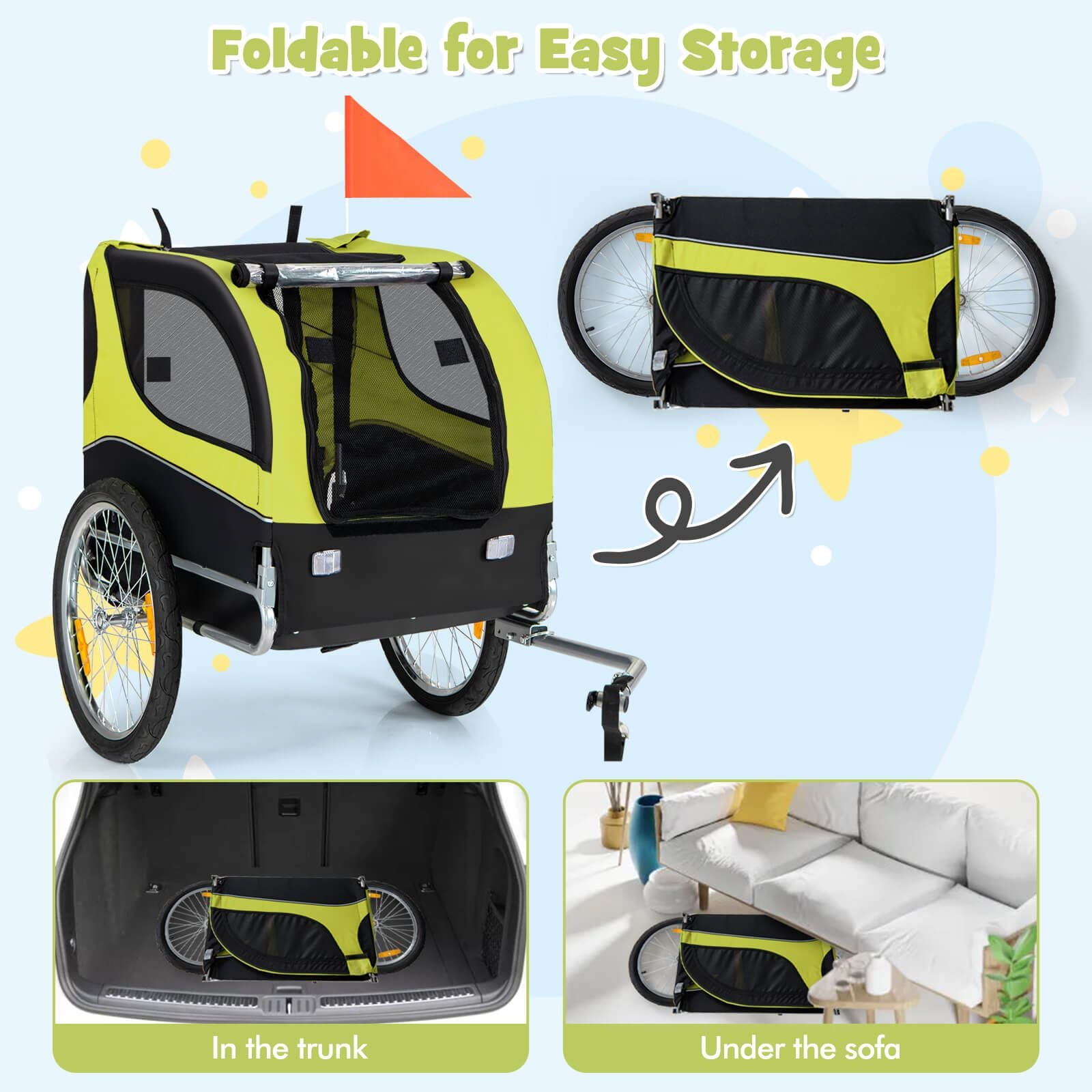 Folding Pet Bike Trailer with 3 Zippered Doors and 8 Reflectors