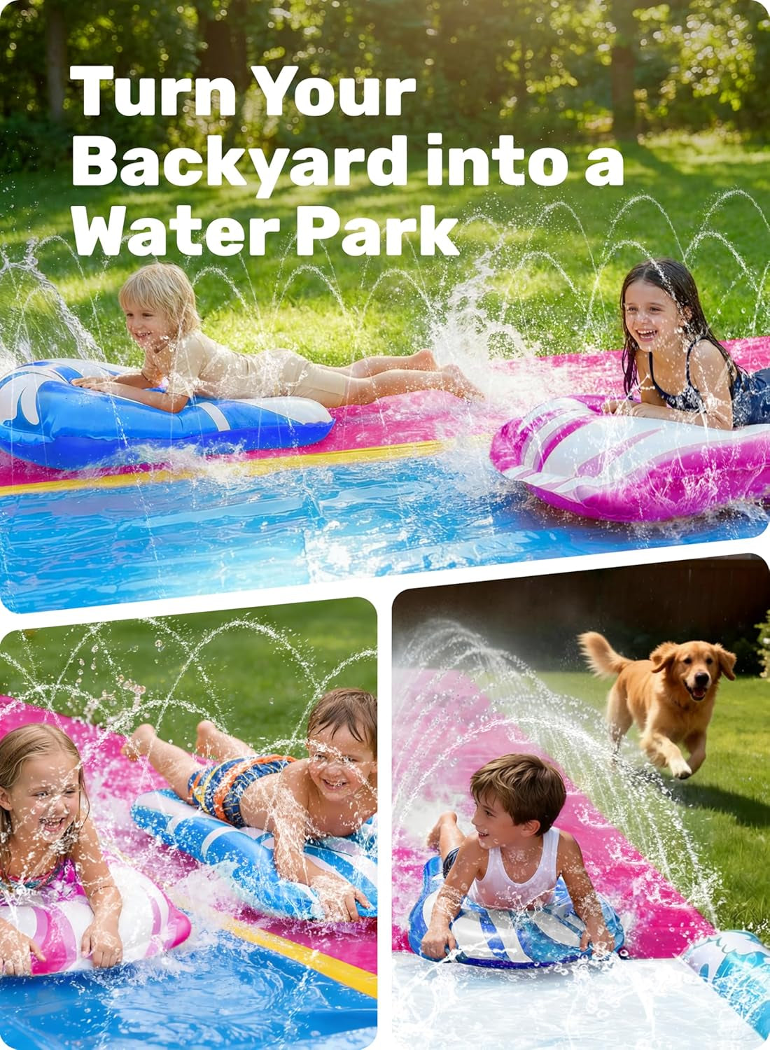 JOYIN 22.5Ft/685.8Cm Water Slides and 2 Bodyboards, Lawn Water Slide Summer Slip Waterslides Water Toy with Build in Sprinkler for Backyard Outdoor Water Fun for Kids,Blue,Pink