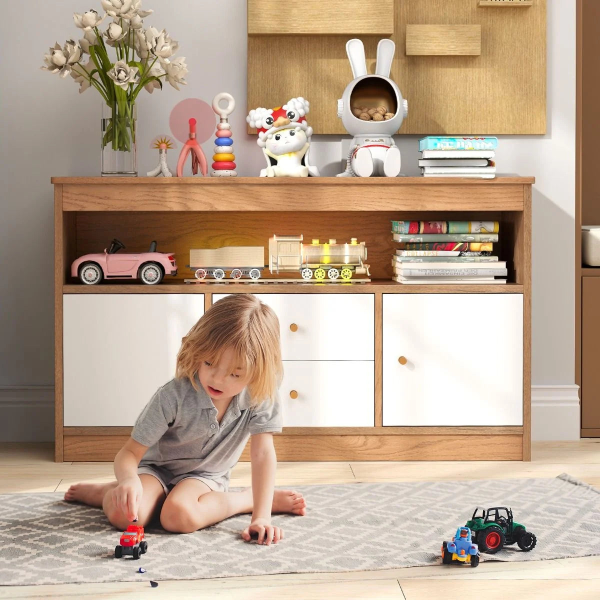 Wooden Kids Toy Children Bookshelf Storage Chest with Open Shelf