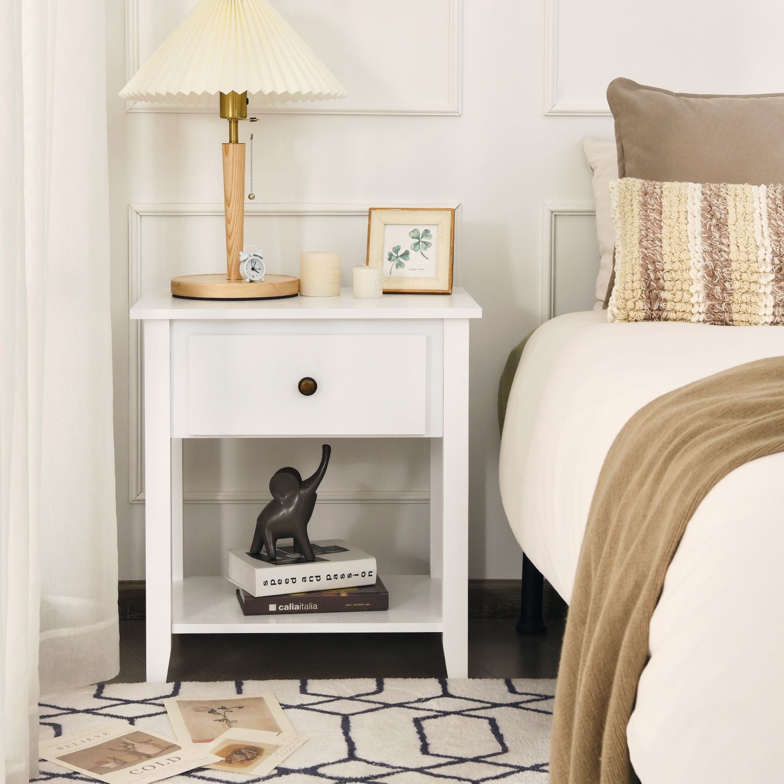 Accent Table Narrow Side End Table with 1 Drawer and Open Storage Shelf
