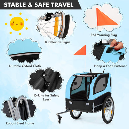 Folding Pet Bike Trailer with 3 Zippered Doors and 8 Reflectors