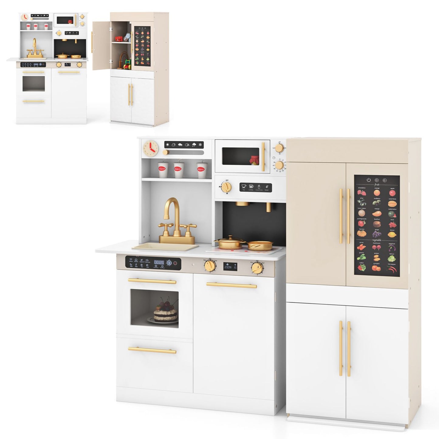 2 Pieces Kids Kitchen Playset Play Kitchen Refrigerator Combination