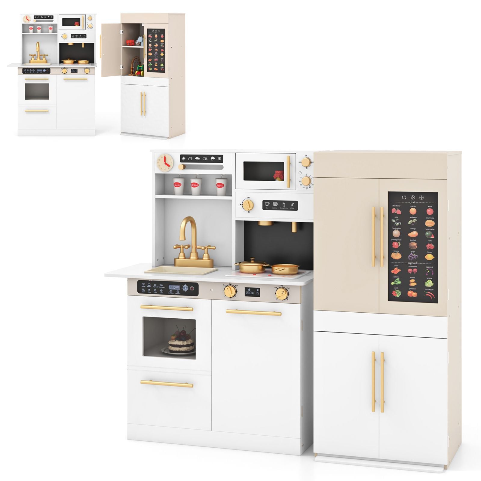 2 Pieces Kids Kitchen Playset Play Kitchen Refrigerator Combination